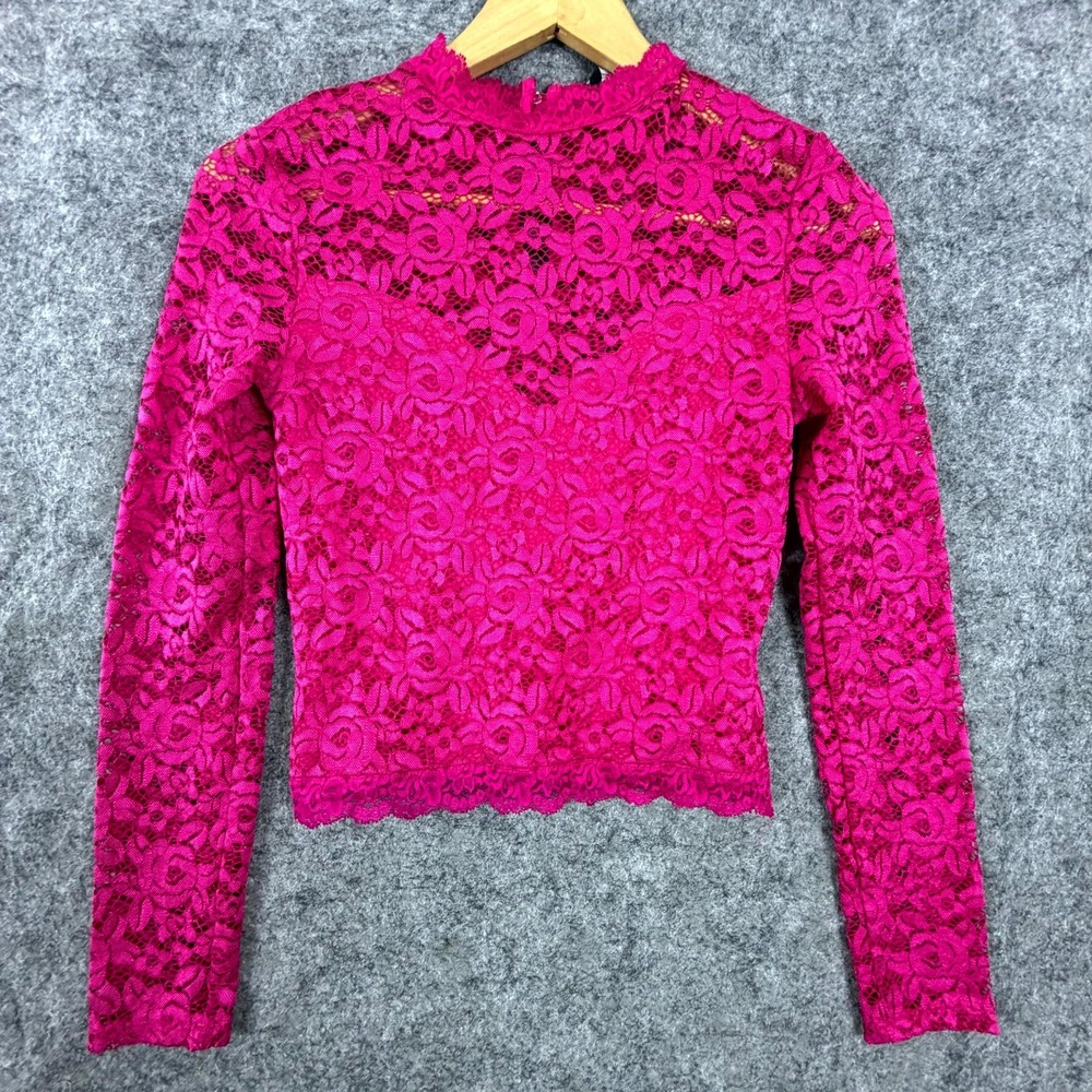 Bebe Cropped Top Womens Small Pink Floral Lace Stretch Sheer Y2K Mock Neck